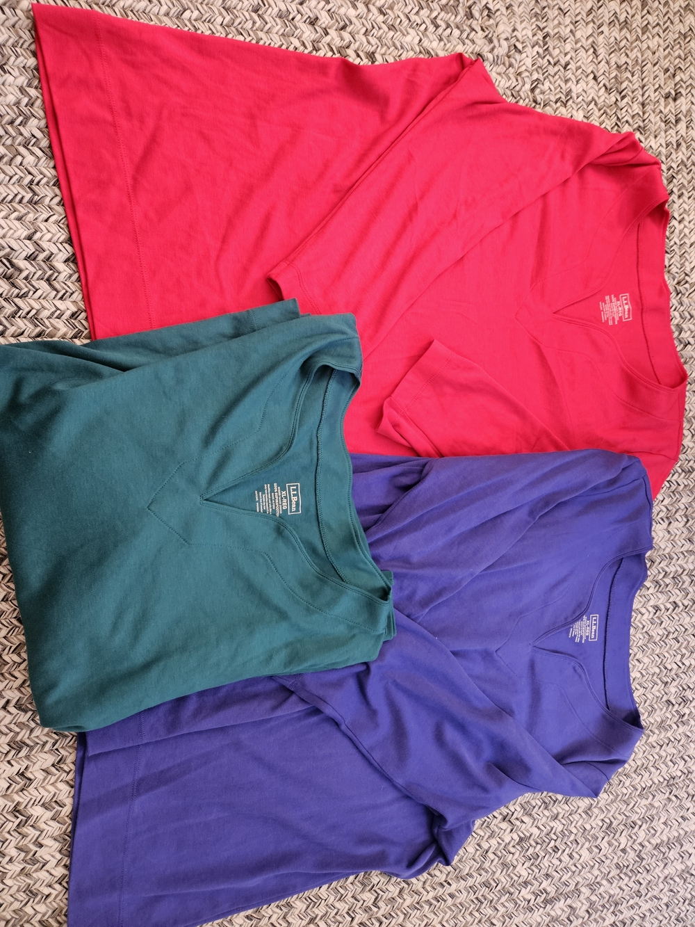 3 L.L. Bean Short-Sleeve V-Neck Tops - Red, Green, Blue
